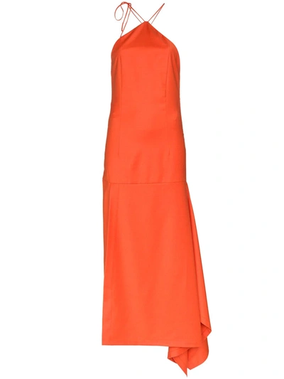 Materiel Asymmetric Hem Halter Dress In Orange