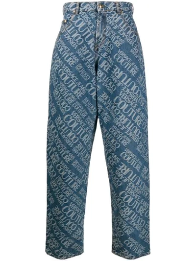 Versace Jeans Couture Logo Print Wide-leg Jeans In Blue
