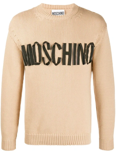 Moschino Zip Logo Knitted Jumper In Neutrals