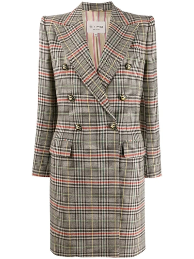 Etro Check Print Double Breasted Coat In Brown
