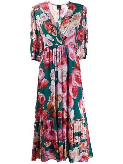 Pinko Floral Print Tiered Dress In Green