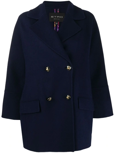 Etro Double Breasted Short Coat In Blue