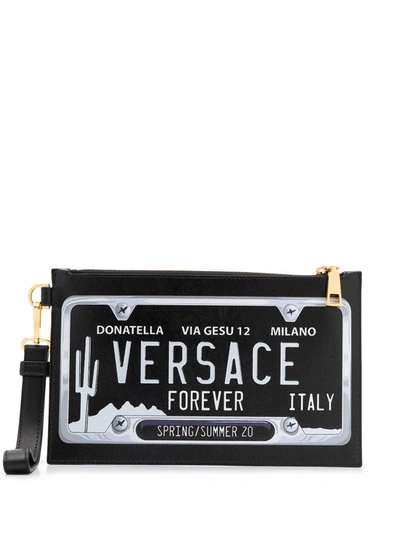 Versace Registration Plate Print Clutch In Black