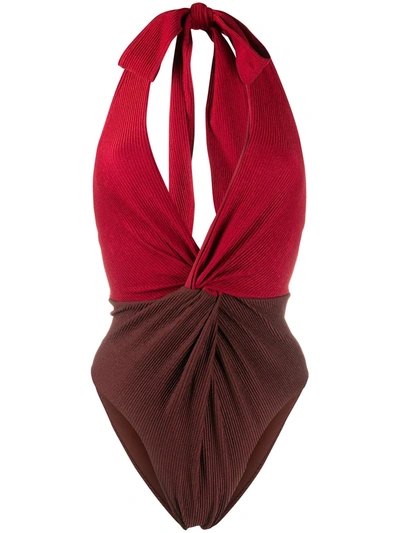 Self-portrait Two-tone Halterneck Swimsuit In Red