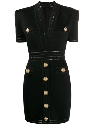 Balmain Short Gold-tone Buttons Knit Dress In Black