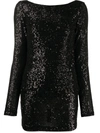 In The Mood For Love Cowl-back Long-sleeved Sequin Mini Dress In Black