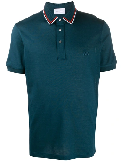 Ferragamo Stripe Trim Polo Shirt In Blue