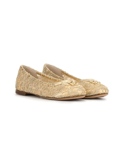 Dolce & Gabbana Kids' Laminated Lace Ballerina Shoes With Dg Rhinestones In Gold