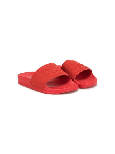 Dolce & Gabbana Kids' Embossed Logo Leather Slide Sandals In Red