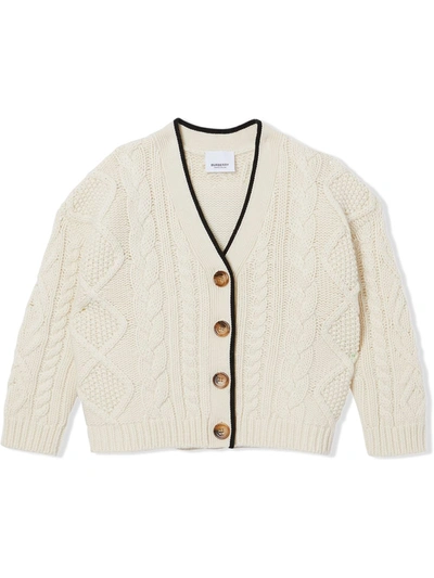 Burberry Kids' Logo Panel Cable Knit Wool Cashmere Cardigan In Neutrals