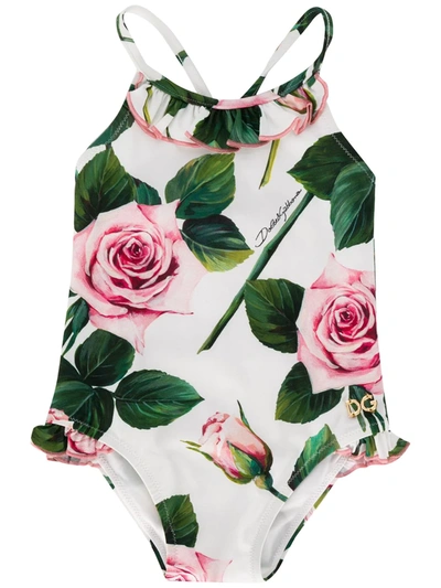Dolce & Gabbana Babies' Rose Print Swimsuit In Green