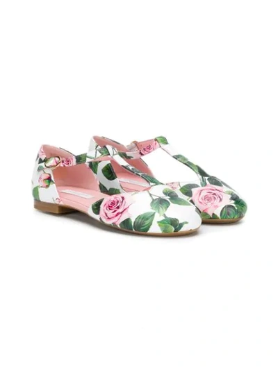 Dolce & Gabbana Teen Rose Print Ballerina Shoes In White