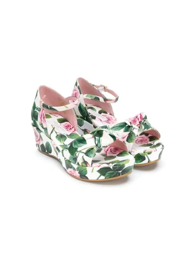 Dolce & Gabbana Kids' Rose Print Platform Sandals In White