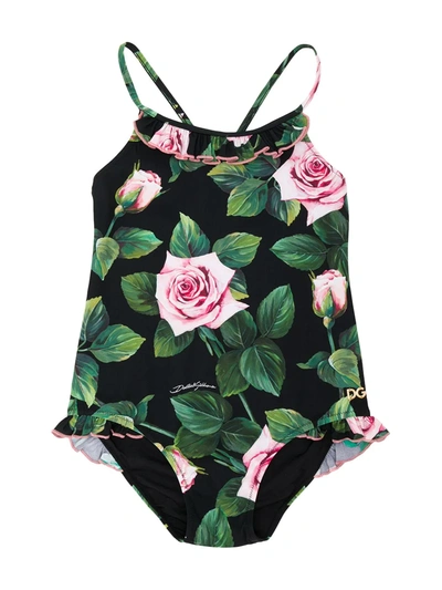 Dolce & Gabbana Kids' Rose Print Swimsuit In Black