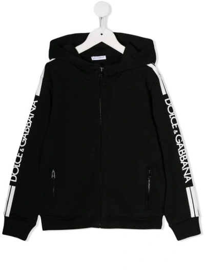 Dolce & Gabbana Kids' Logo Stripe Zip-up Hoodie In Black