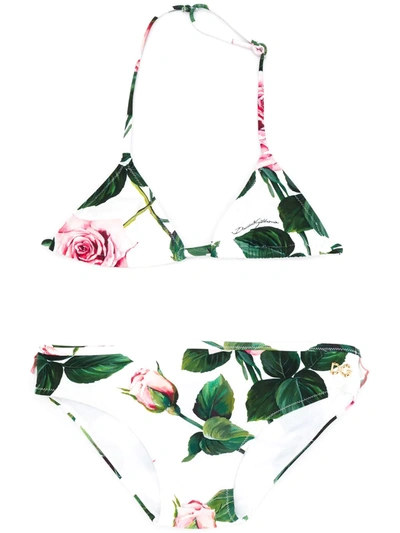 Dolce & Gabbana Kids' Tropical Rose Print Bikini In White