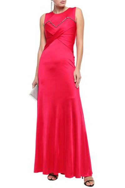 Roberto Cavalli Gathered Crystal-embellished Jersey Gown In Fuchsia