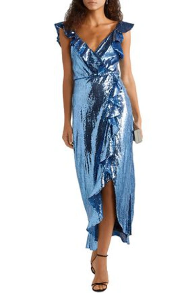 Monique Lhuillier Wrap-effect Ruffle-trimmed Sequined Crepe Midi Dress In Azure