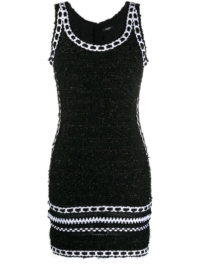 Balmain Chain-trimmed Tweed Mesh Knit Mini Dress In Black