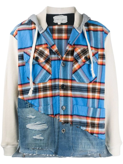 Greg Lauren Panelled Cotton-blend Waffle-knit, Flannel And Denim Jacket In Blue