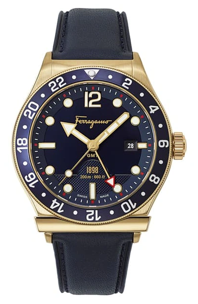 Ferragamo Sport Leather Strap Watch, 44mm In Blue/ Gold