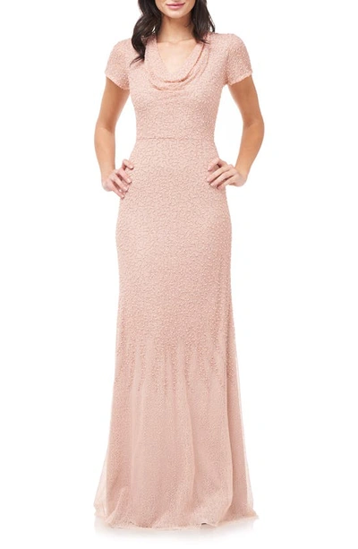 Js Collections Cowl Neck Beaded Mesh Gown In Rose