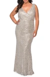 La Femme Plus Size Sequin V-neck Sleeveless Column Gown In Grey