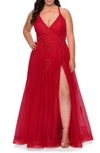La Femme Embroidered & Beaded Tulle Ballgown In Red