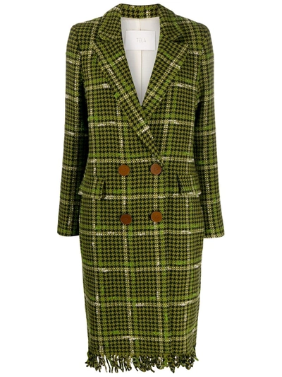 Tela Fringed Hem Houndstooth Coat In Green