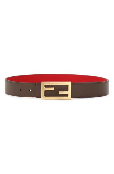Fendi Logo Buckle Reversible Calfskin Leather Belt In Maya/ Red Cardinale/ Soft Gold