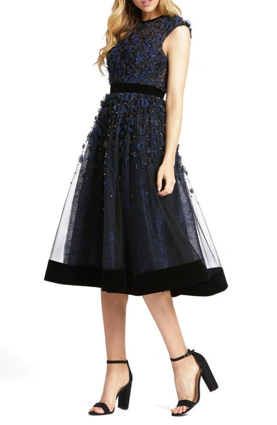 Mac Duggal Floral Applique Tea-length Velvet-trim Dress In Midnight Black