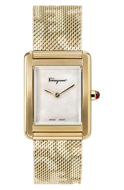 Ferragamo Portrait Mesh Strap Watch, 24mm X 32mm In Gold/ White Mop/ Gold