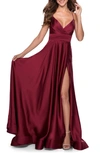 La Femme Satin Empire Waist Sleeveless Gown In Wine