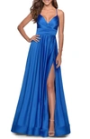 La Femme Satin Empire Waist Sleeveless Gown In Royal Blue