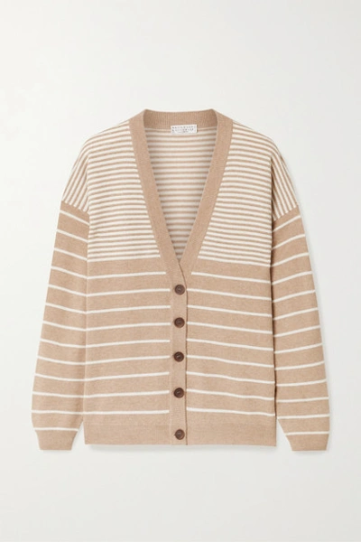 Brunello Cucinelli Bead-embellished Striped Wool-blend Cardigan In Sand