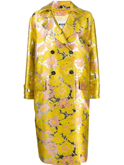 Msgm Floral Jacquard Double-breasted Coat In Yellow