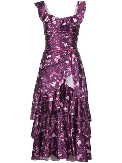Marchesa Notte Floral Ruffled Long Dress In Purple