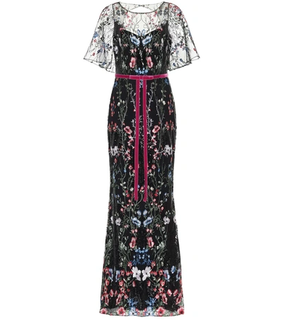 Marchesa Notte Floral-embroidered Gown In Multicoloured