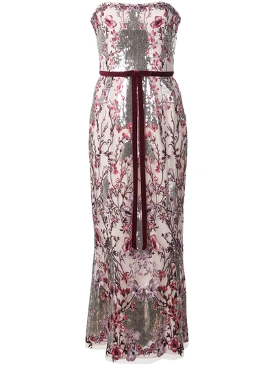 Marchesa Notte Floral Sequin Long Dress In Pink