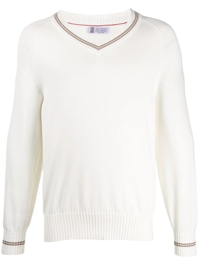 Brunello Cucinelli Men's V-neck Sweater With Contrast Tipping In White