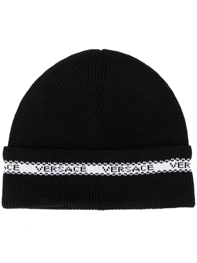 Versace Logo Detail Beanie In Black