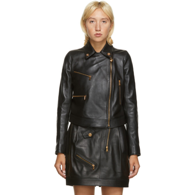 Versace Zipped Leather Cropped Biker Jacket In Black