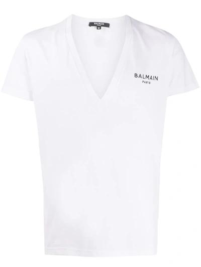 Balmain Plunge Neck T-shirt In White