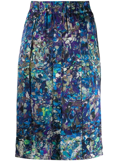 Pre-owned Dries Van Noten Silk 1990s Abstract Print Straight Skirt In Blue