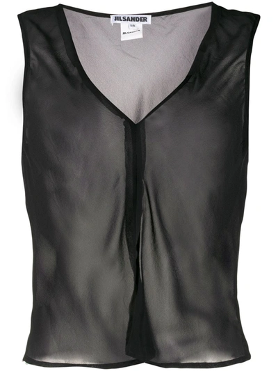 Pre-owned Jil Sander Silk 1990s V-neck Sheer Blouse In Black