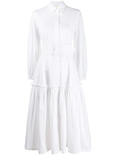 Sara Battaglia Long Sleeve Belted Shirt Dress In White