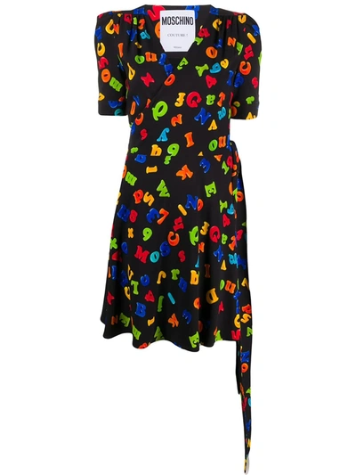 Moschino Letters Print Wrap Dress In Black