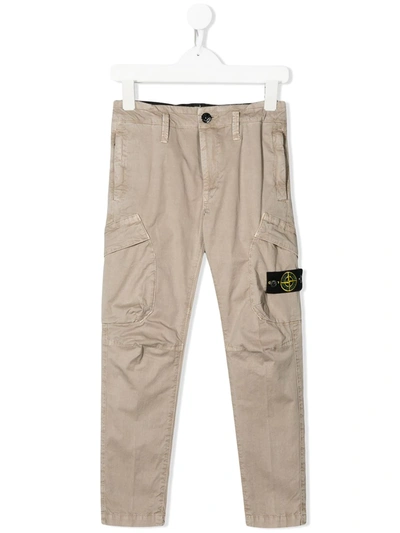 Stone Island Junior Kids' Logo-patch Slim-fit Cargo Trousers In Sabbia
