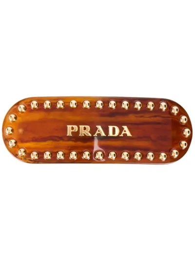 Prada Lettering Logo Studded Hair Clip In Brown