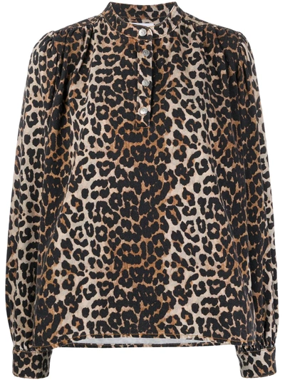 Ganni Leopard Print Ruffle Collar Blouse In Neutrals